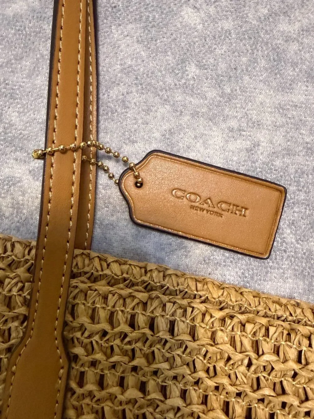 COACH Straw Tote in Tan and Brown Woven Stripe